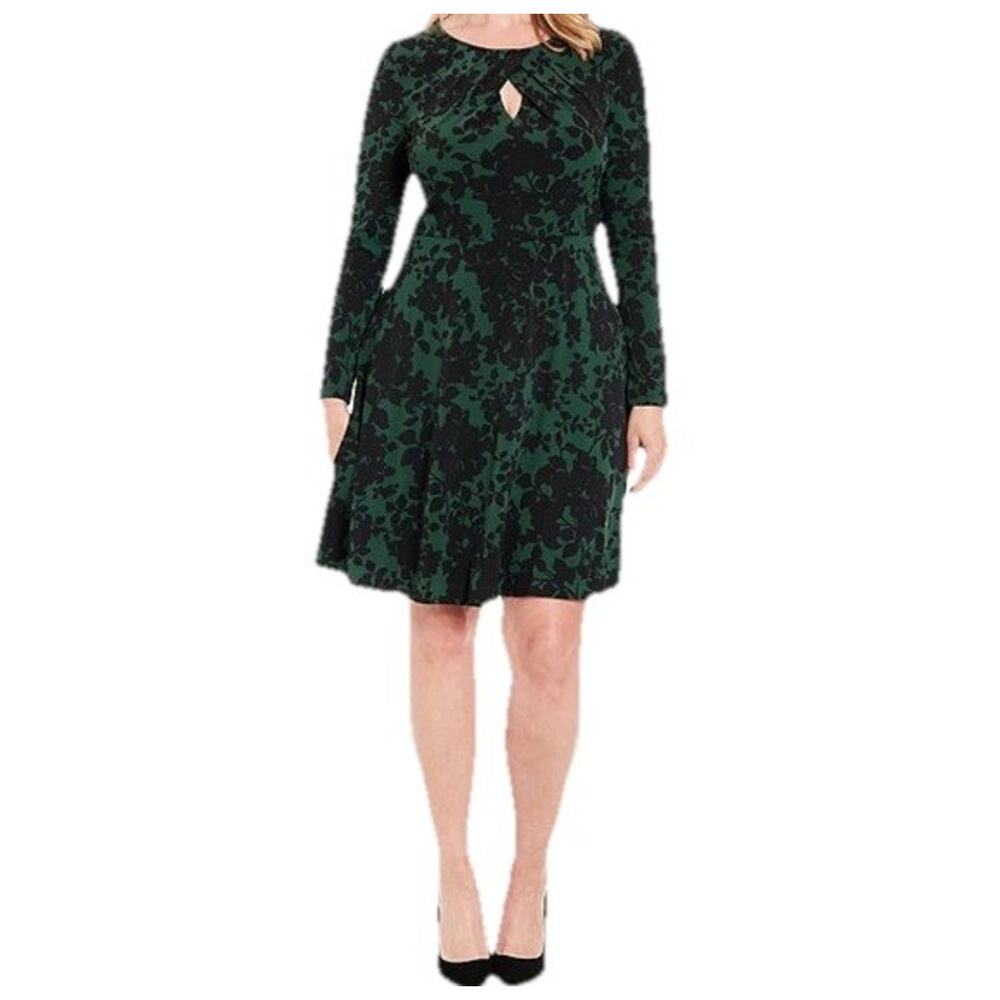 London Times 10 Dress Pleated Neck Long Sleeve Fit Flare Green Black Semi Formal